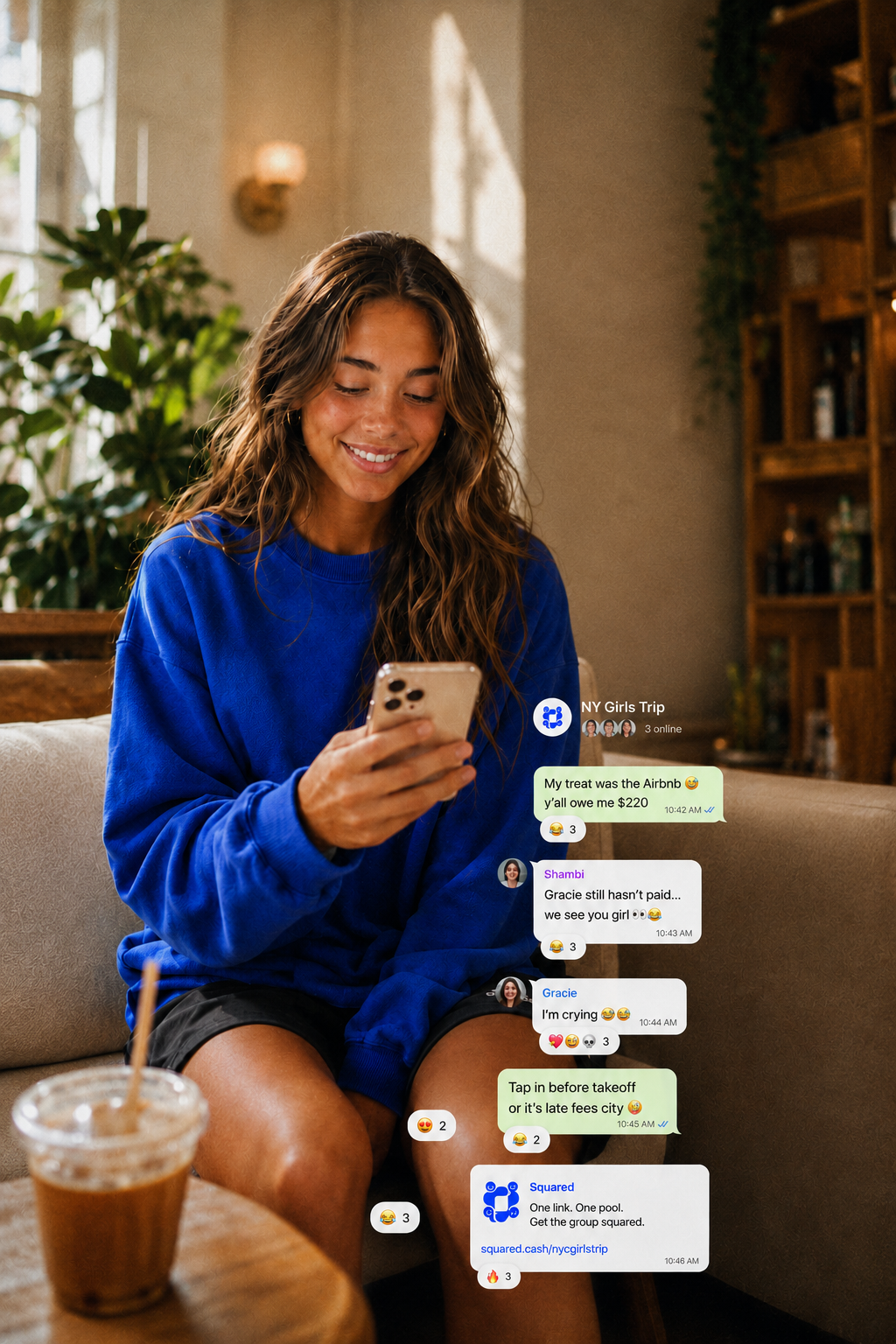 A friend using Squared on her phone while the group chat lights up.