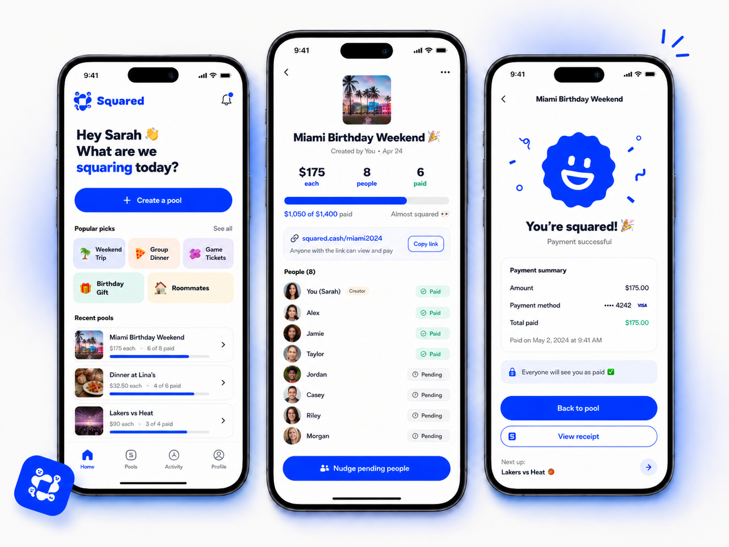 Squared app showing a live shared paid/pending pool for a group trip.